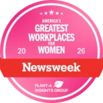 img-americas-greatest-workplaces Pink circular badge reading "America's Greatest Workplaces for Women 2026, Newsweek, Plant-A Insights Group."